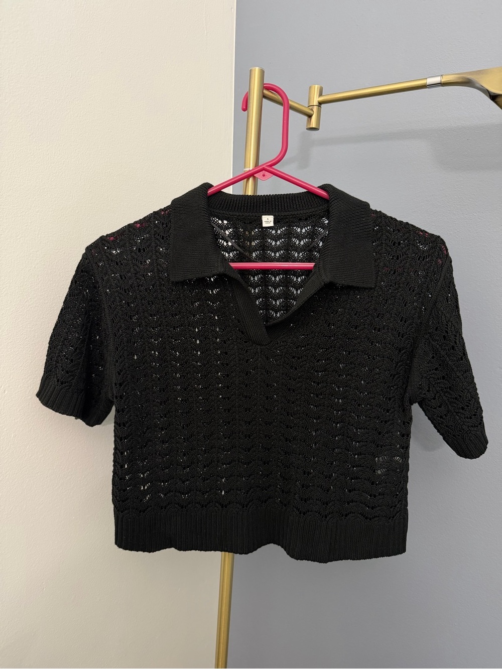 GU SMALL Black Open-Knit Collared Crop Sweater Polo - Women's